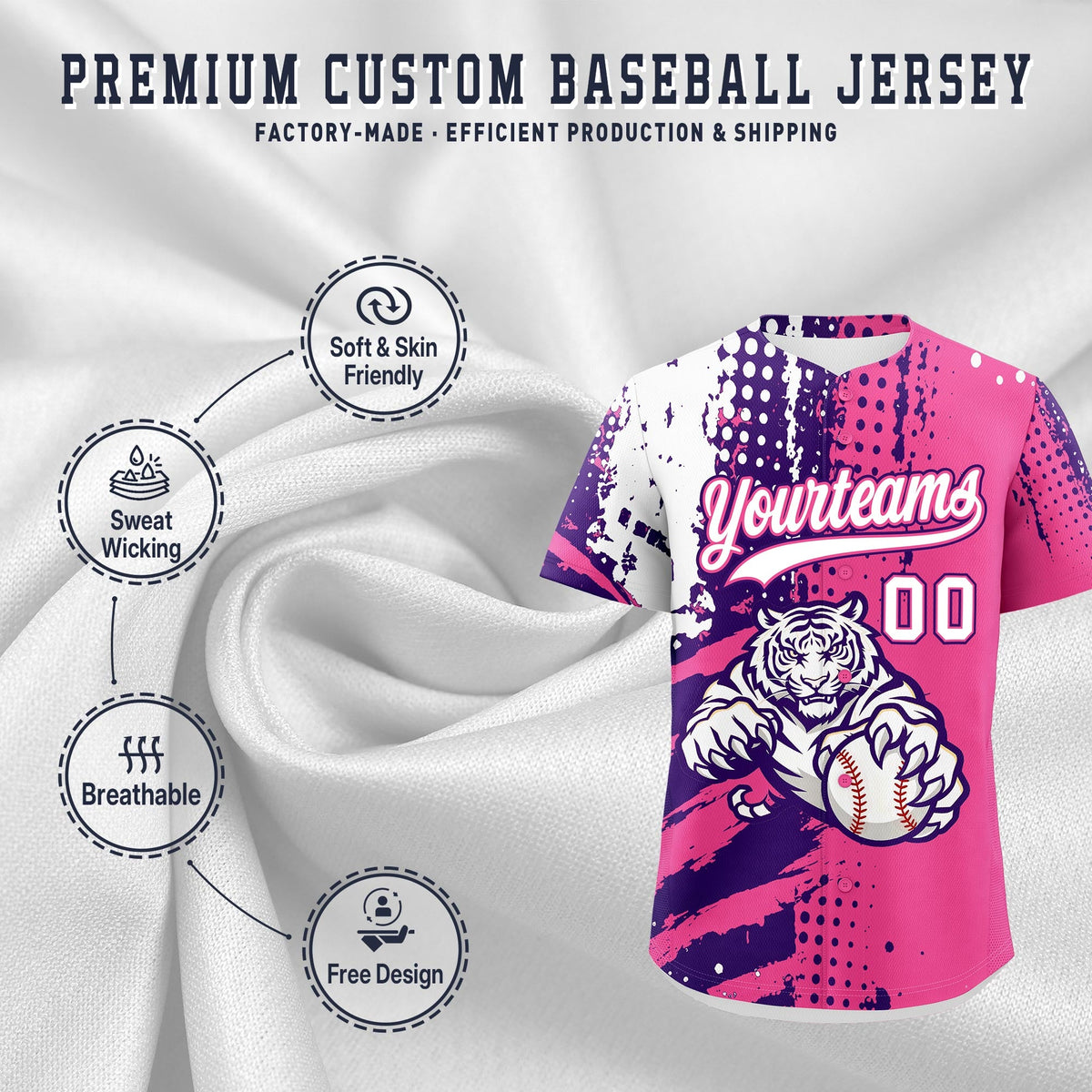 Custom Pink Purple White Full-Snap Graffiti Pattern Tiger Graffiti Jersey Baseball Jersey| KXKSHOP
