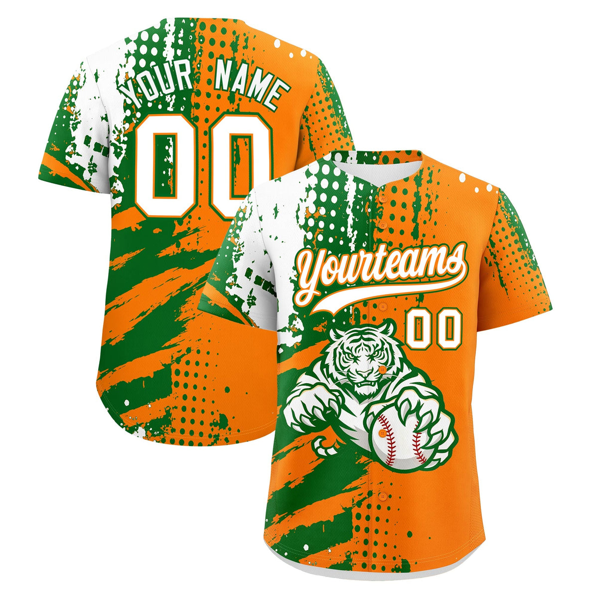 Custom Orange Kelly Green White Baseball Jersey Full-Snap Graffiti Pattern Tiger Graffiti Jersey