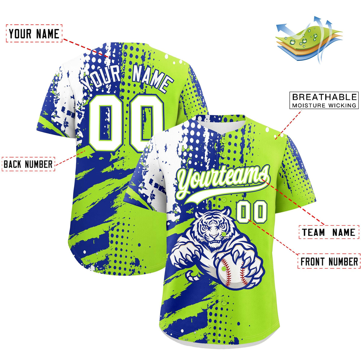 Custom Royal Blue Neon Green White Full-Snap Graffiti Pattern Tiger Graffiti Jersey Baseball Jersey| KXKSHOP