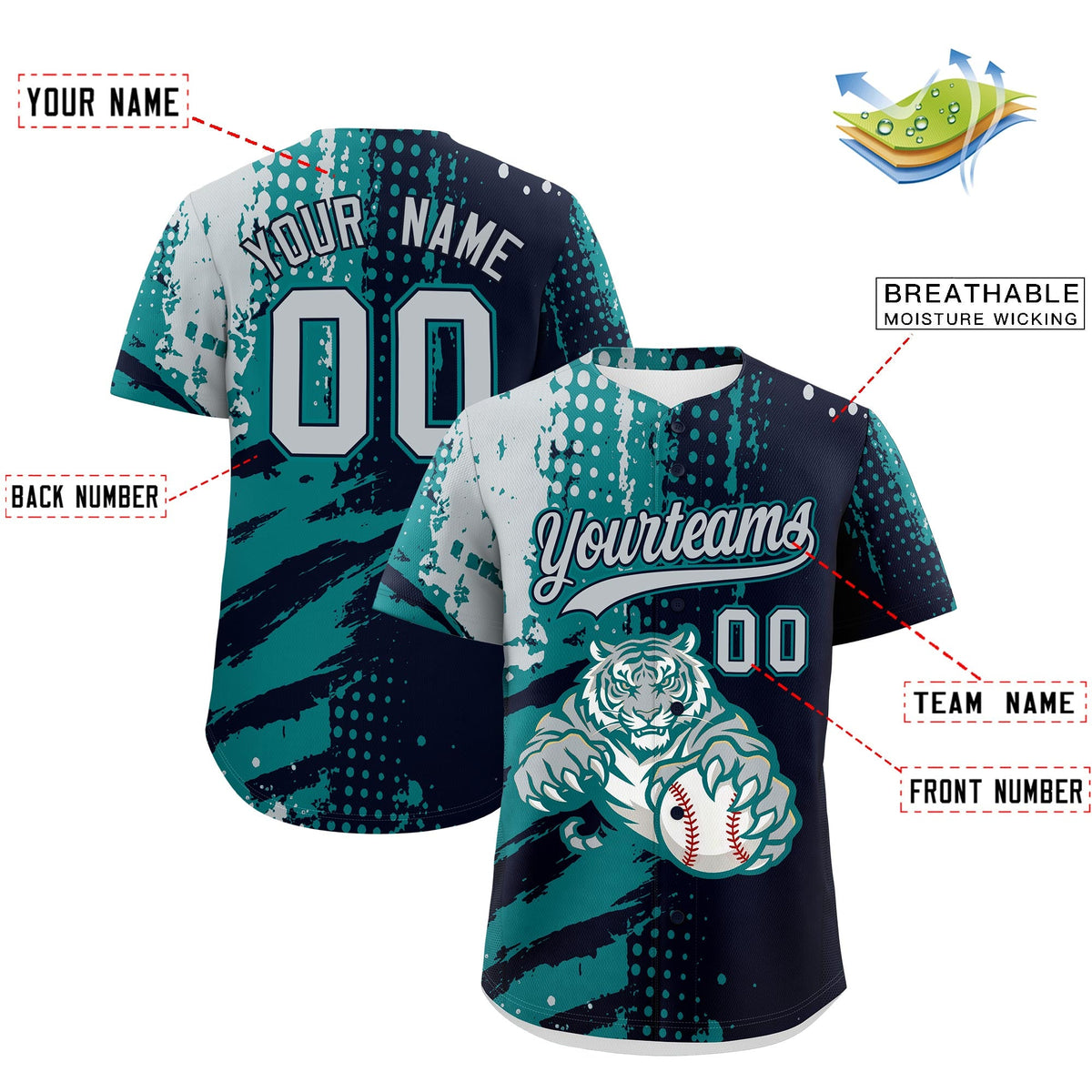 Custom Navy Teal Silver Full-Snap Graffiti Pattern Tiger Graffiti Jersey Baseball Jersey| KXKSHOP