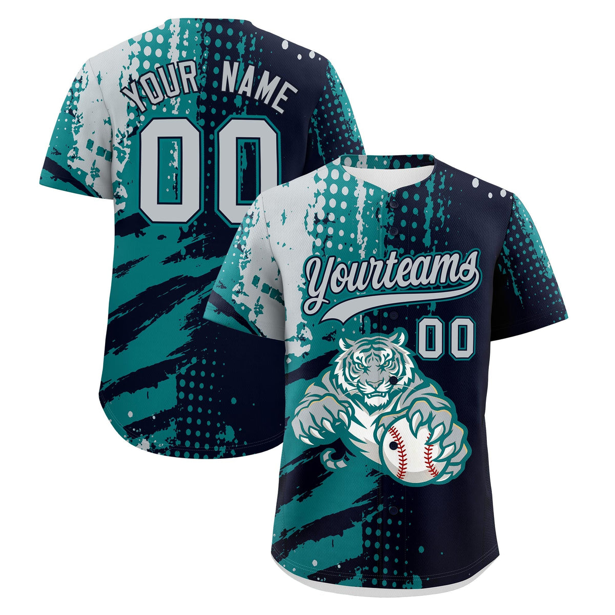 Custom Navy Teal Silver Baseball Jersey Full-Snap Graffiti Pattern Tiger Graffiti Jersey