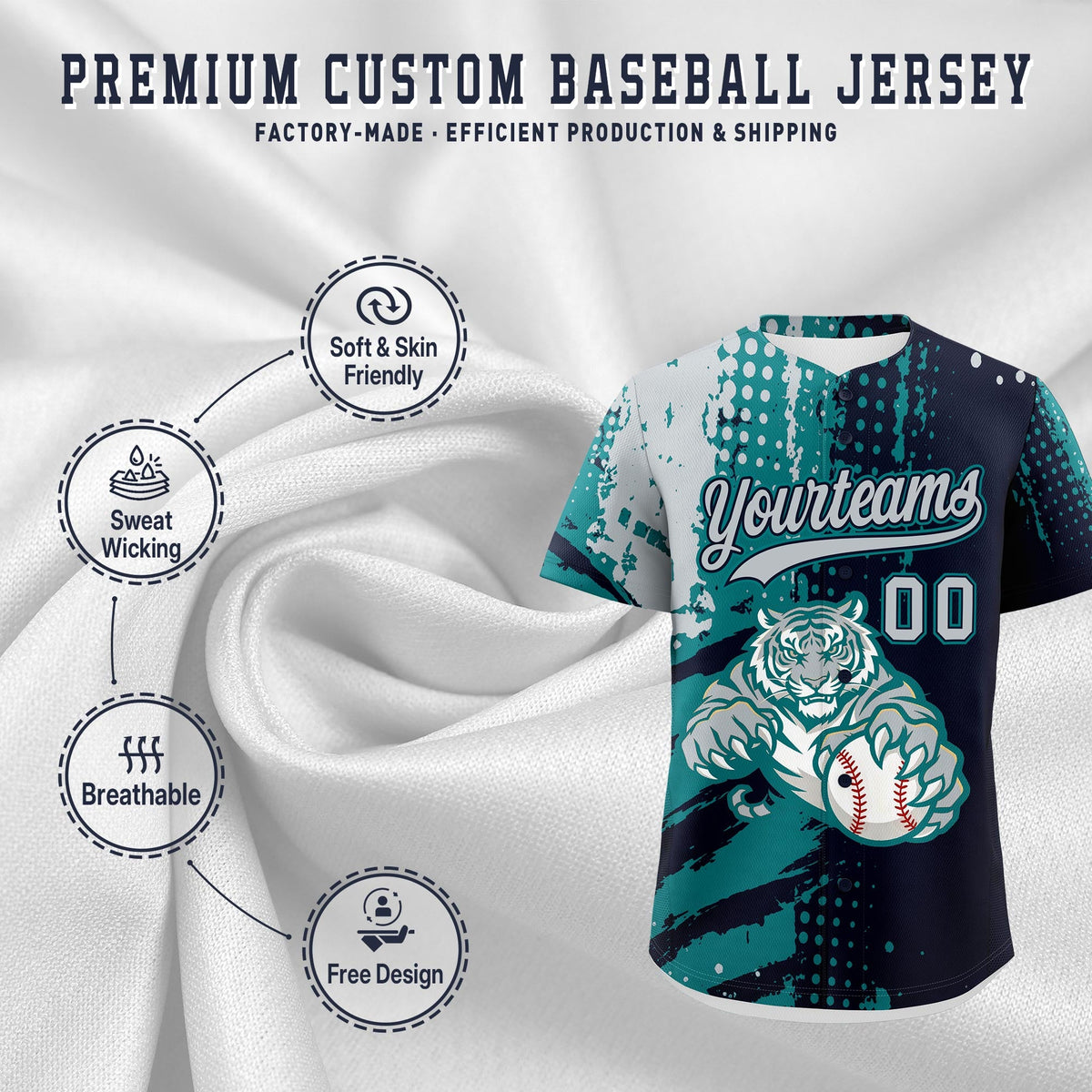 Custom Navy Teal Silver Full-Snap Graffiti Pattern Tiger Graffiti Jersey Baseball Jersey| KXKSHOP