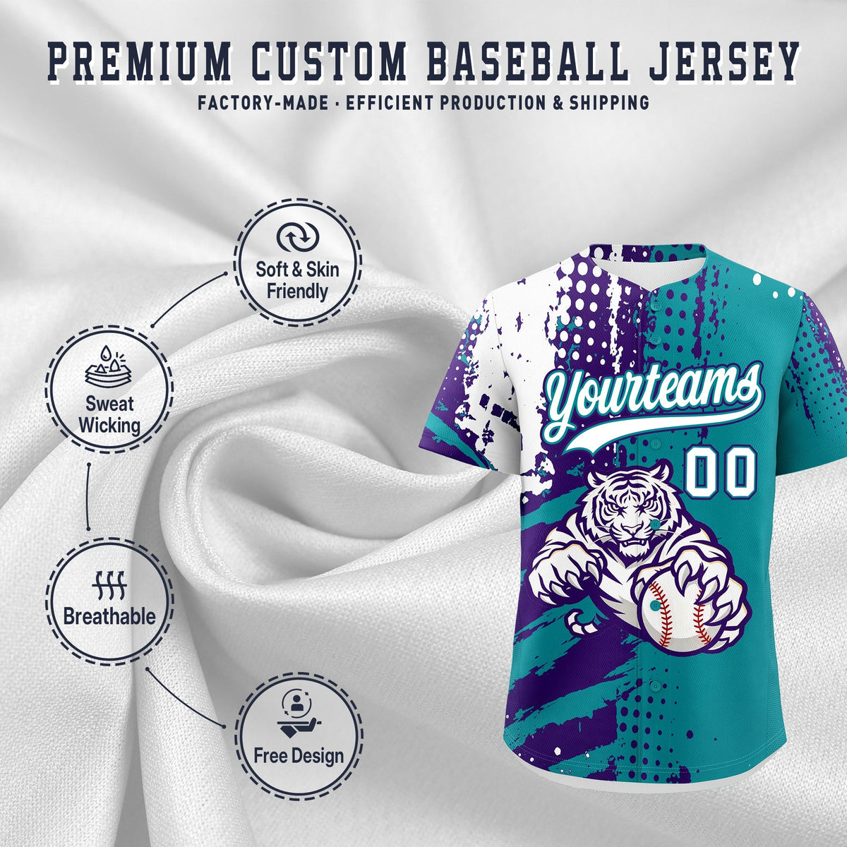 Custom Teal Purple White Full-Snap Graffiti Pattern Tiger Graffiti Jersey Baseball Jersey| KXKSHOP