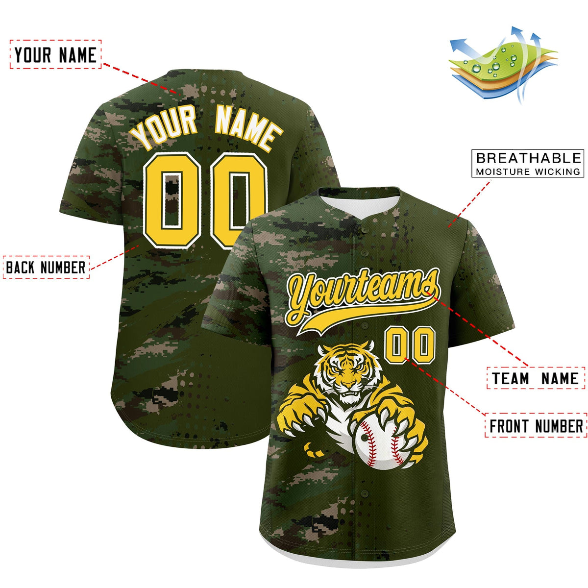 Custom Olive Camo Gold Full-Snap Graffiti Pattern Tiger Graffiti Jersey Baseball Jersey| KXKSHOP
