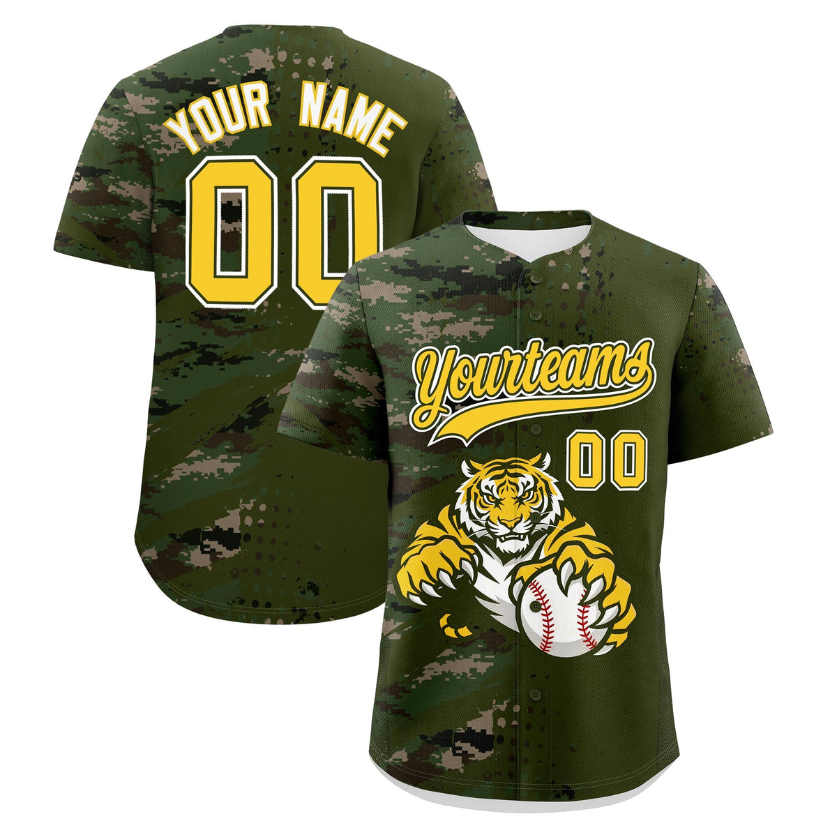 Custom Olive Camo Gold Baseball Jersey Full-Snap Graffiti Pattern Tiger Graffiti Jersey