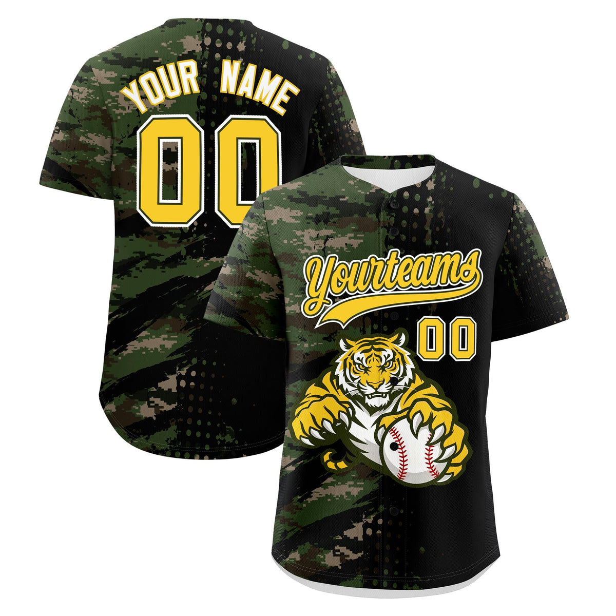 Custom Camo Black Gold Baseball Jersey Full-Snap Graffiti Pattern Tiger Graffiti Jersey