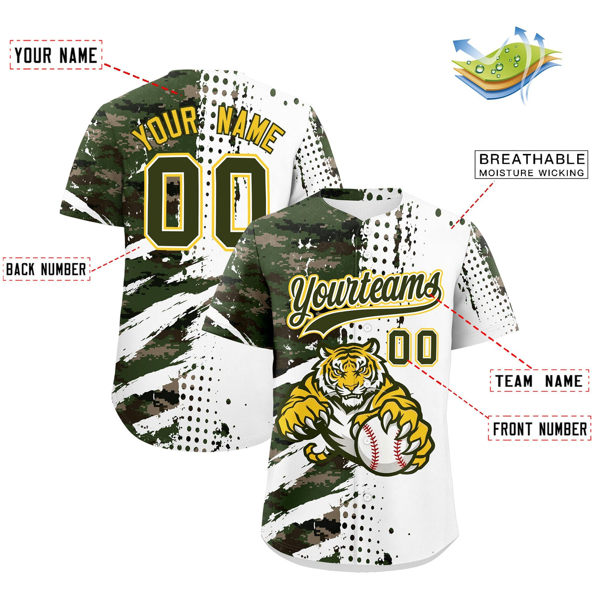 Custom White Camo Olive Full-Snap Graffiti Pattern Tiger Graffiti Jersey Baseball Jersey| KXKSHOP