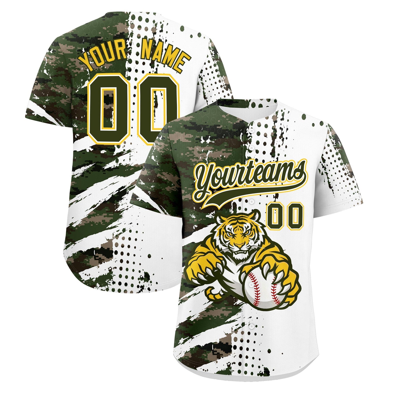 Custom White Camo Olive Baseball Jersey Full-Snap Graffiti Pattern Tiger Graffiti Jersey