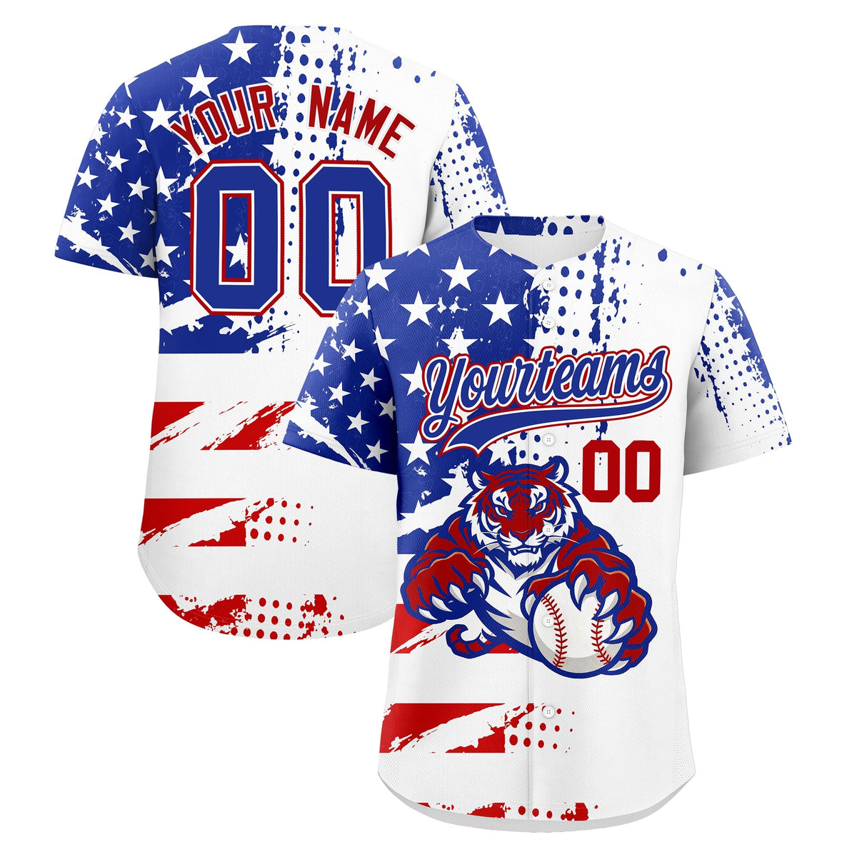 Custom Royal Blue White Red Baseball Jersey Full-Snap Graffiti Pattern Tiger Graffiti Jersey
