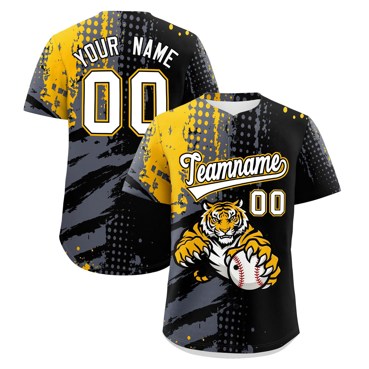 Custom Black Gold Gray Baseball Jersey Full-Snap Graffiti Pattern Tiger Graffiti Jersey