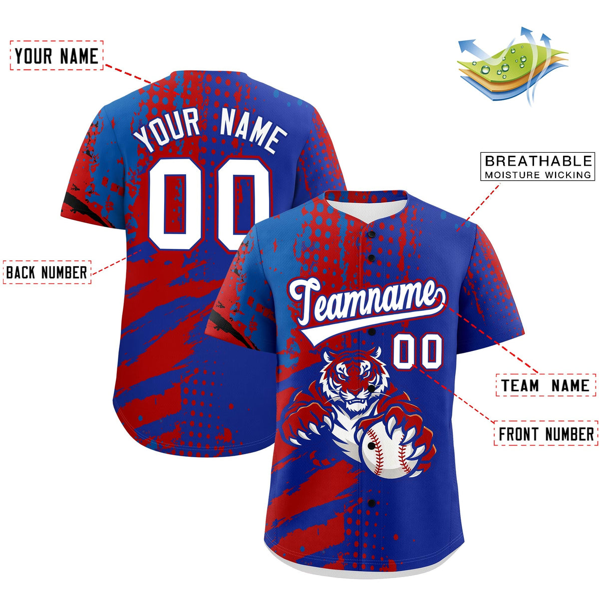Custom Royal Blue Red Royal Full-Snap Graffiti Pattern Tiger Graffiti Jersey Baseball Jersey| KXKSHOP