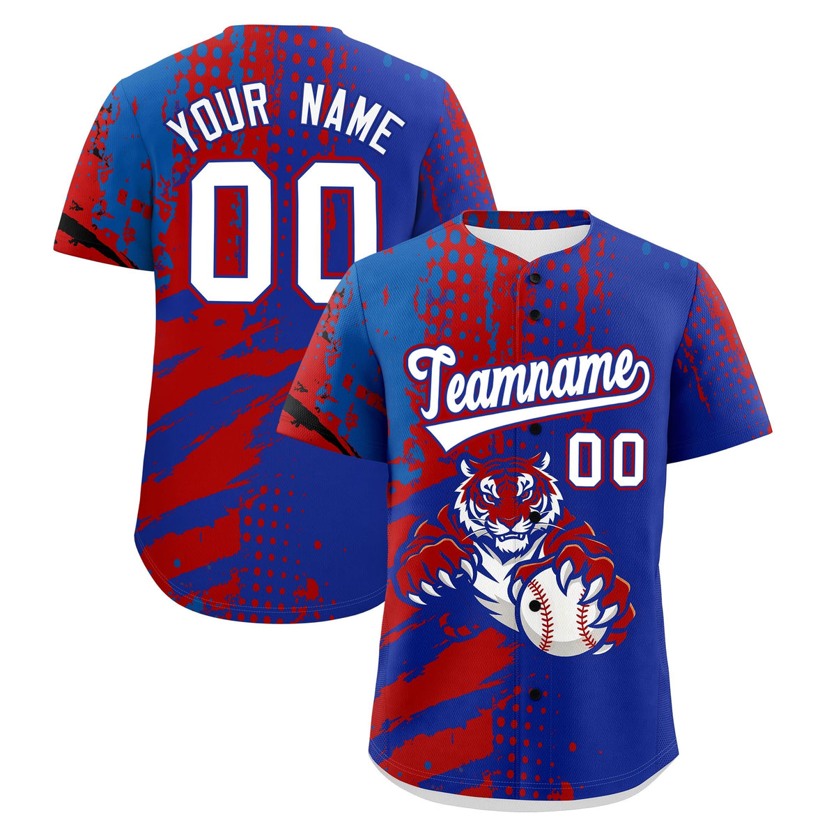 Custom Royal Blue Red Royal Baseball Jersey Full-Snap Graffiti Pattern Tiger Graffiti Jersey