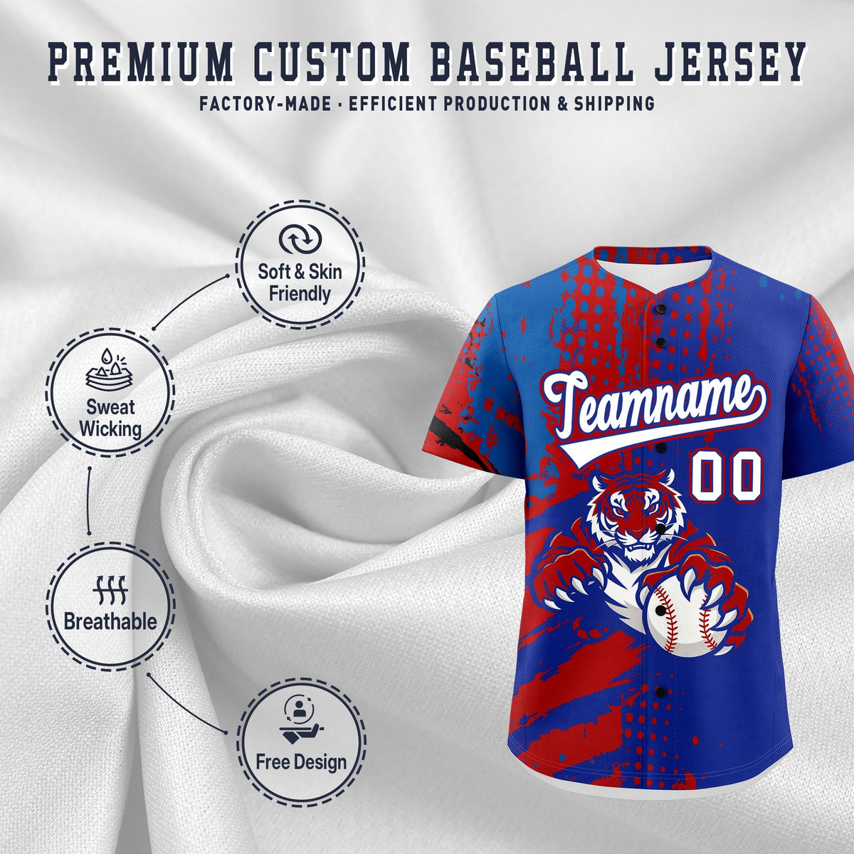 Custom Royal Blue White Red Full-Snap Graffiti Pattern Tiger Graffiti Jersey Baseball Jersey| KXKSHOP