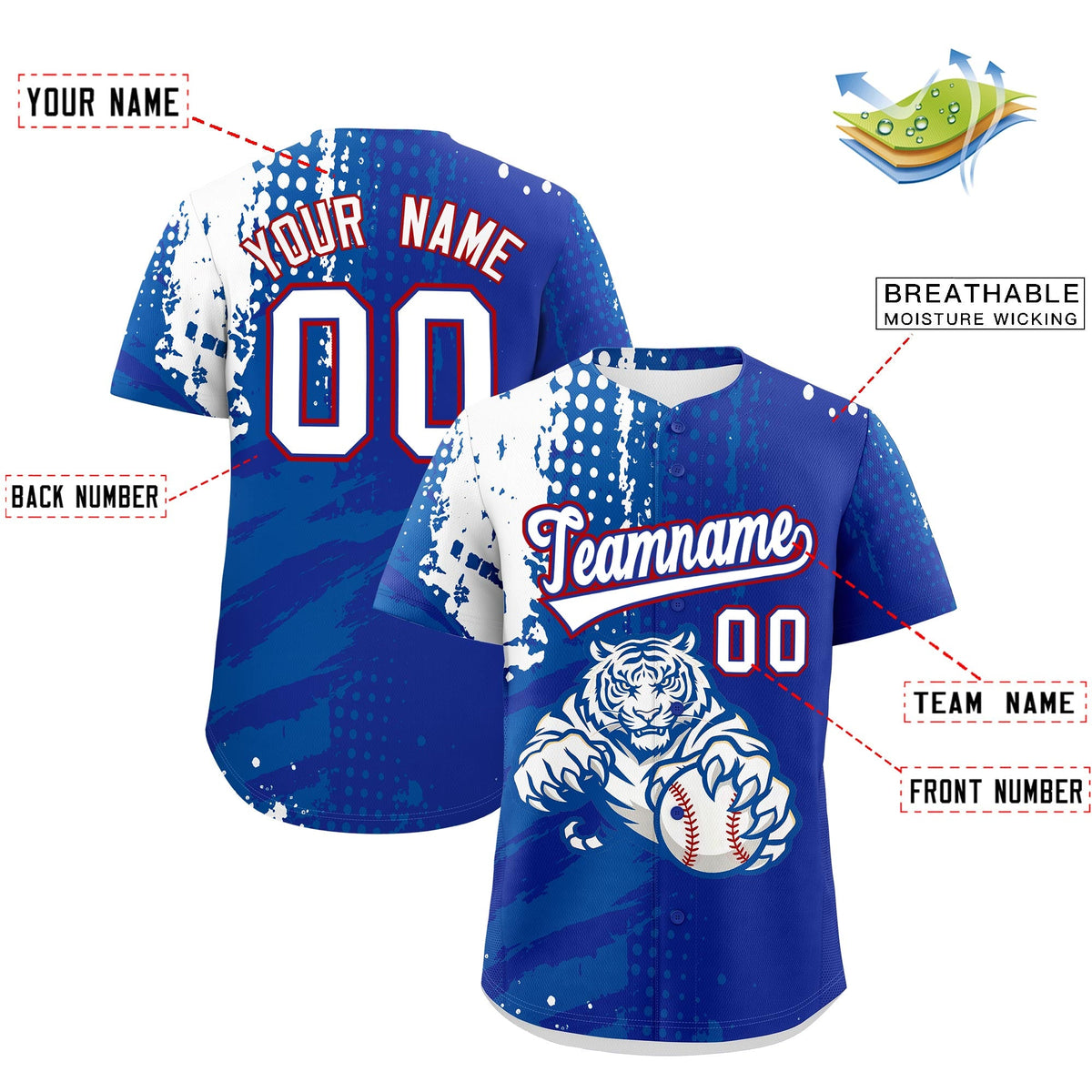 Custom Royal Blue White Royal Full-Snap Graffiti Pattern Tiger Graffiti Jersey Baseball Jersey| KXKSHOP