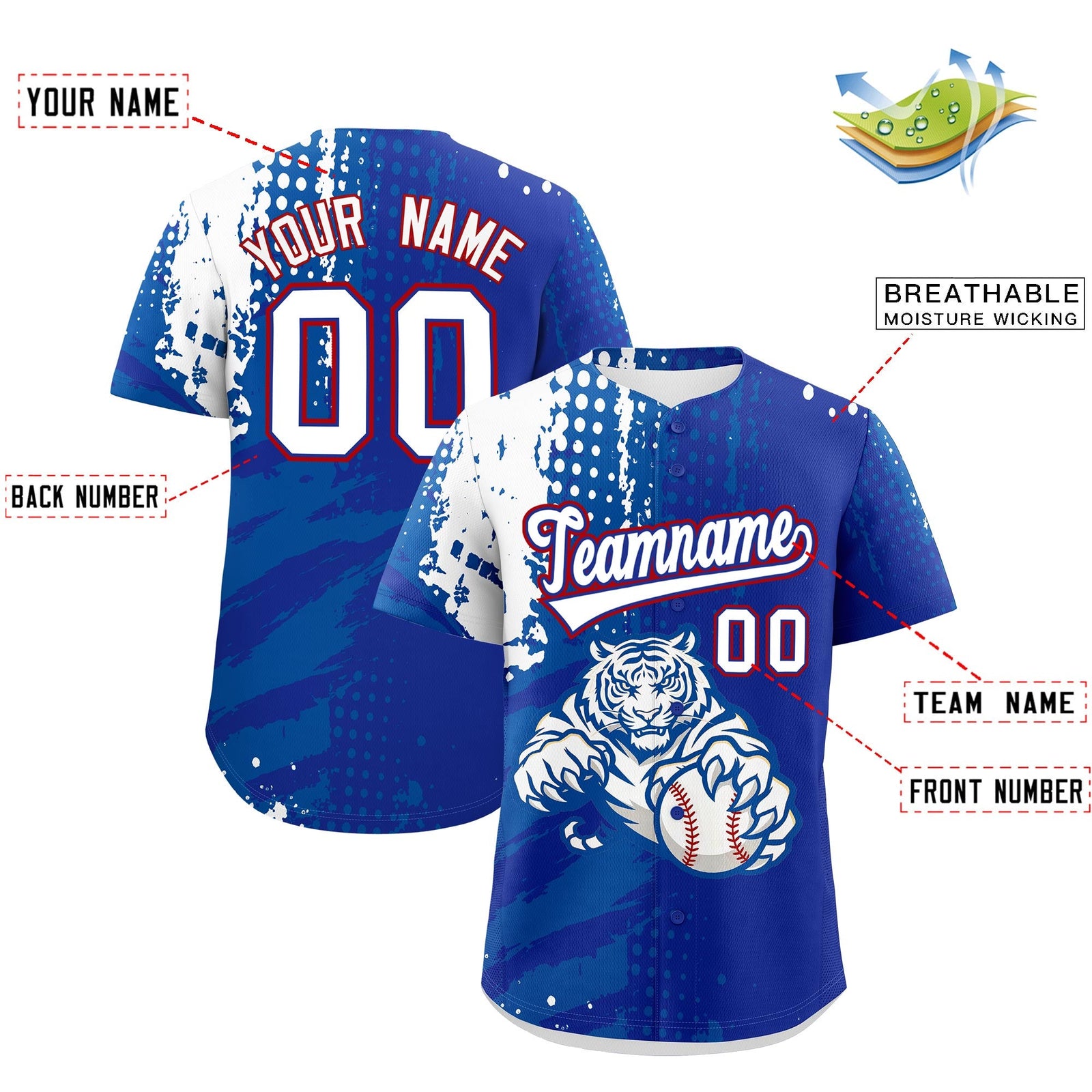 Custom Royal Blue White Royal Full-Snap Graffiti Pattern Tiger Graffiti Jersey Baseball Jersey| KXKSHOP