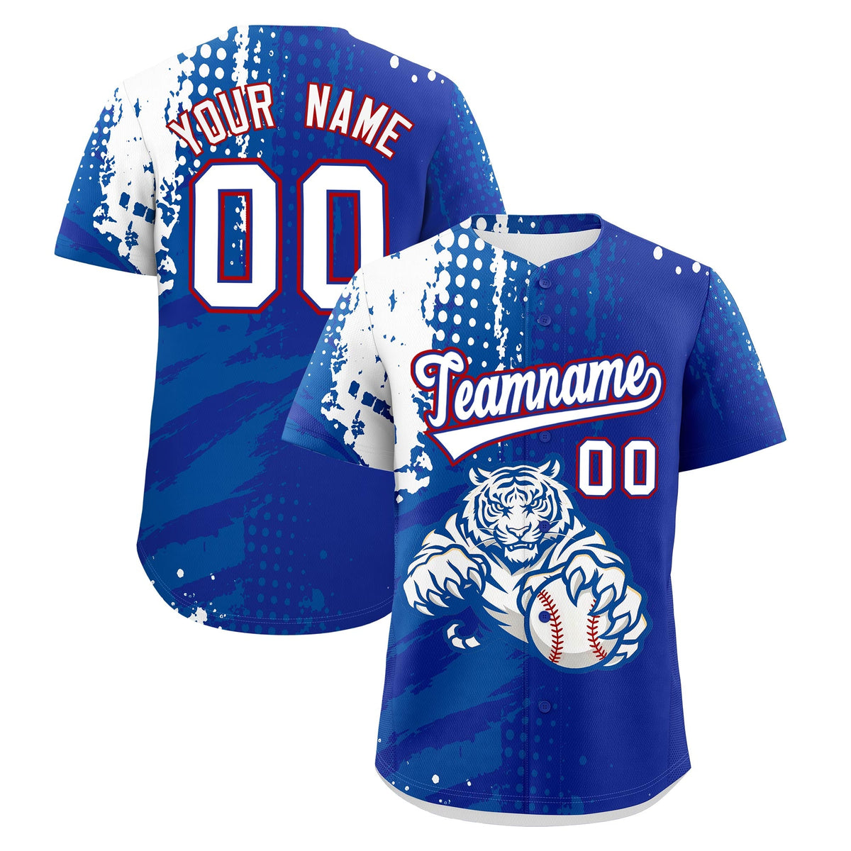Custom Royal Blue White Royal Baseball Jersey Full-Snap Graffiti Pattern Tiger Graffiti Jersey