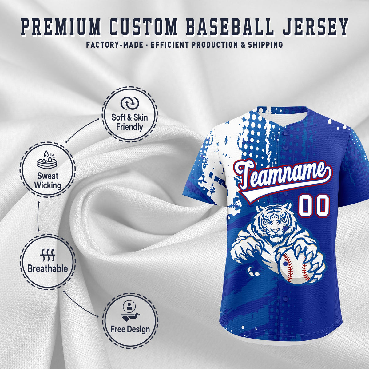 Custom Royal Blue White Red Full-Snap Graffiti Pattern Tiger Graffiti Jersey Baseball Jersey| KXKSHOP