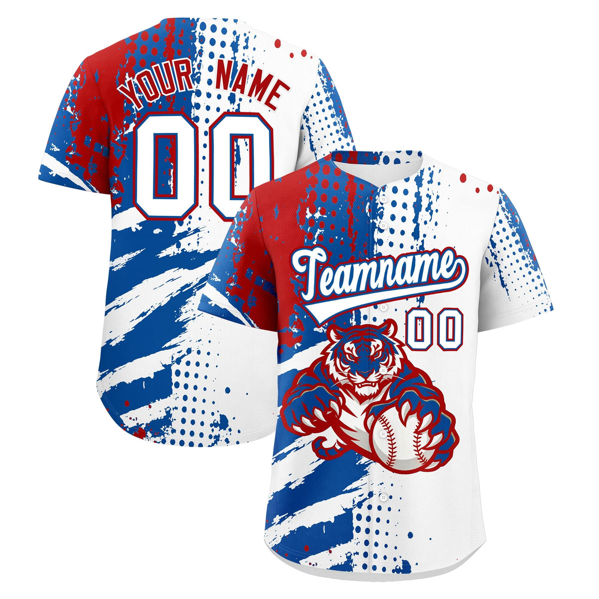 Custom White Royal Red Baseball Jersey Full-Snap Graffiti Pattern Tiger Graffiti Jersey