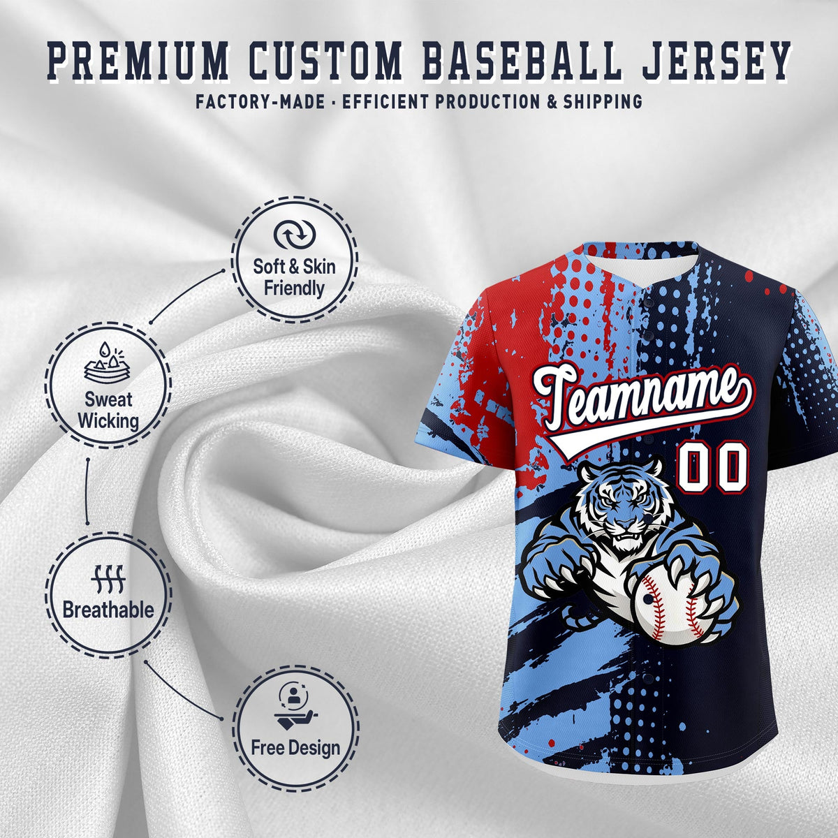 Custom Royal Blue White Red Full-Snap Graffiti Pattern Tiger Graffiti Jersey Baseball Jersey| KXKSHOP