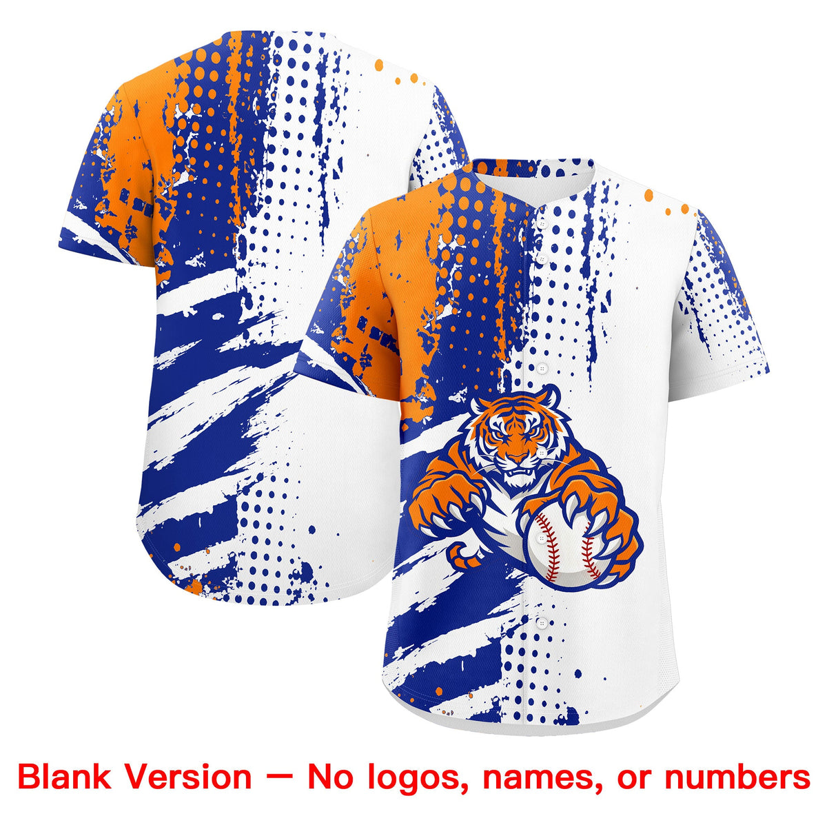 Custom White Royal Blue Orange Full-Snap Graffiti Pattern Tiger Graffiti Jersey Baseball Jersey| KXKSHOP