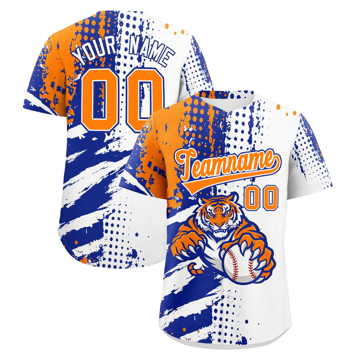 Custom White Royal Blue Orange Baseball Jersey Full-Snap Graffiti Pattern Tiger Graffiti Jersey