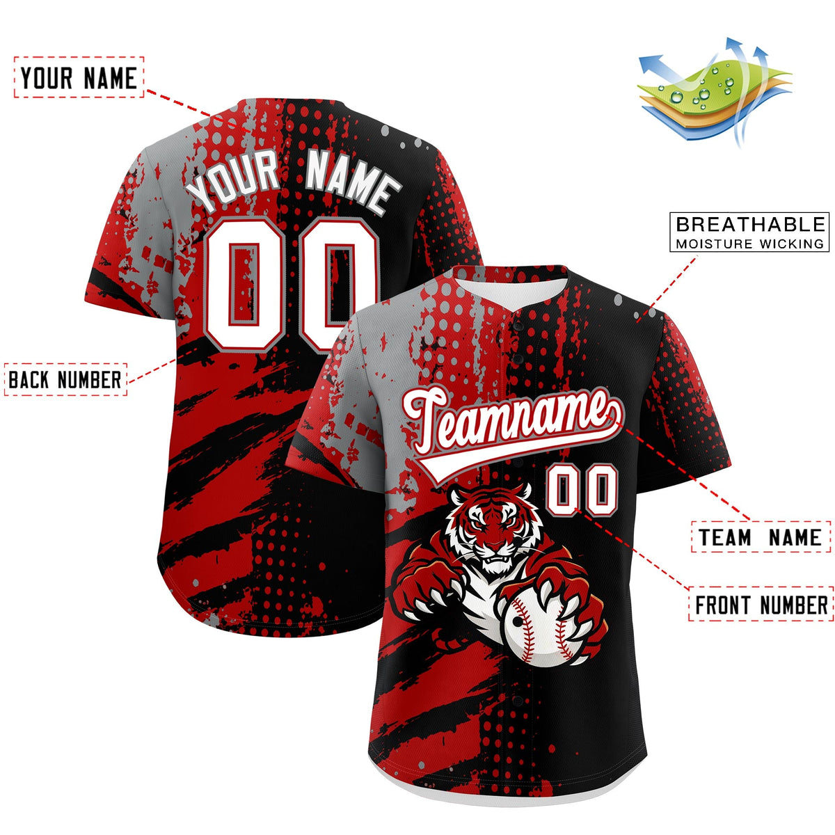 Custom Black Red Gray Full-Snap Graffiti Pattern Tiger Graffiti Jersey Baseball Jersey| KXKSHOP