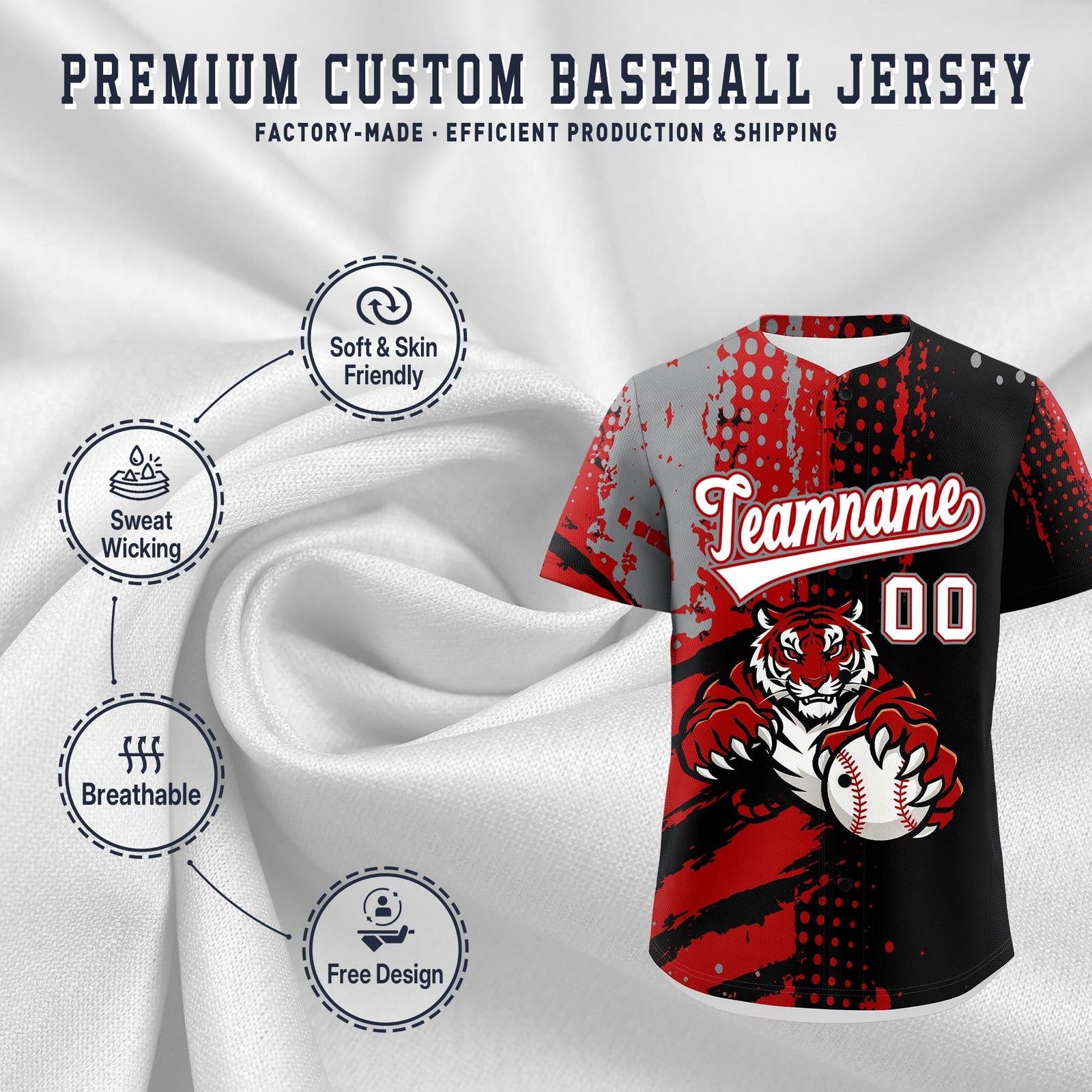 Custom Royal Blue White Red Full-Snap Graffiti Pattern Tiger Graffiti Jersey Baseball Jersey| KXKSHOP