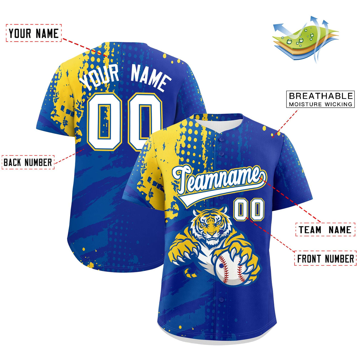 Custom Royal Blue Royal Gold Full-Snap Graffiti Pattern Tiger Graffiti Jersey Baseball Jersey| KXKSHOP