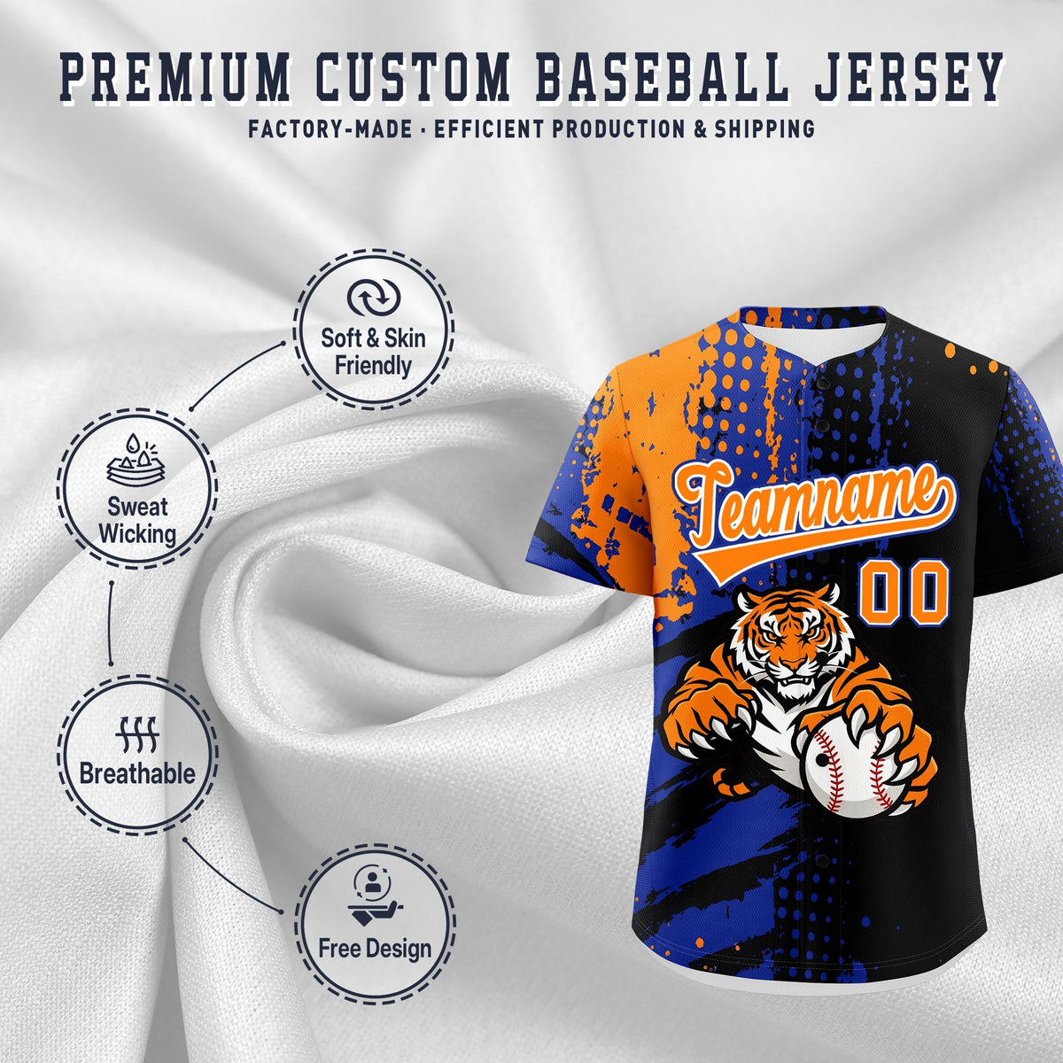 Custom Royal Blue White Red Full-Snap Graffiti Pattern Tiger Graffiti Jersey Baseball Jersey| KXKSHOP