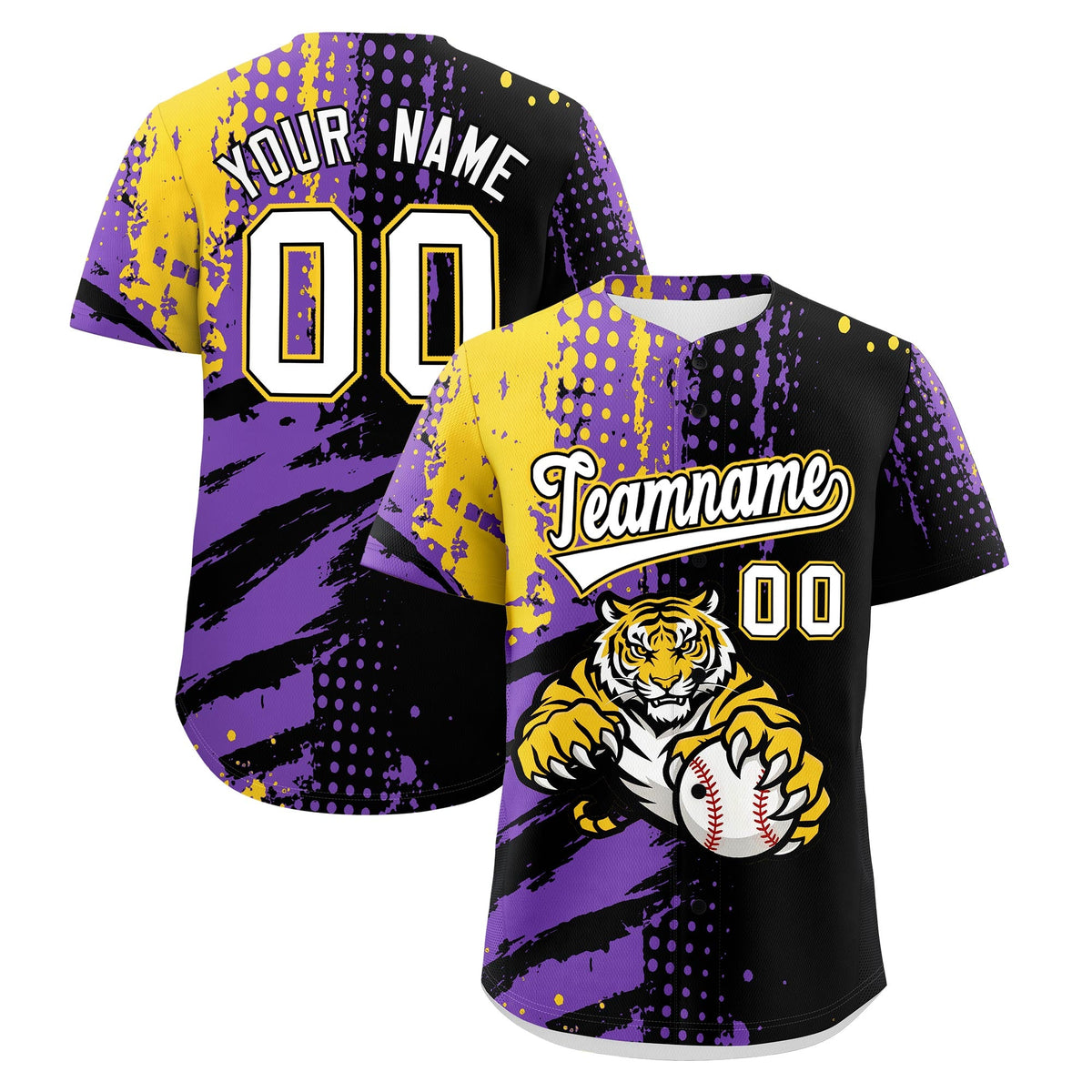 Custom Black Gold White Baseball Jersey Full-Snap Graffiti Pattern Tiger Graffiti Jersey