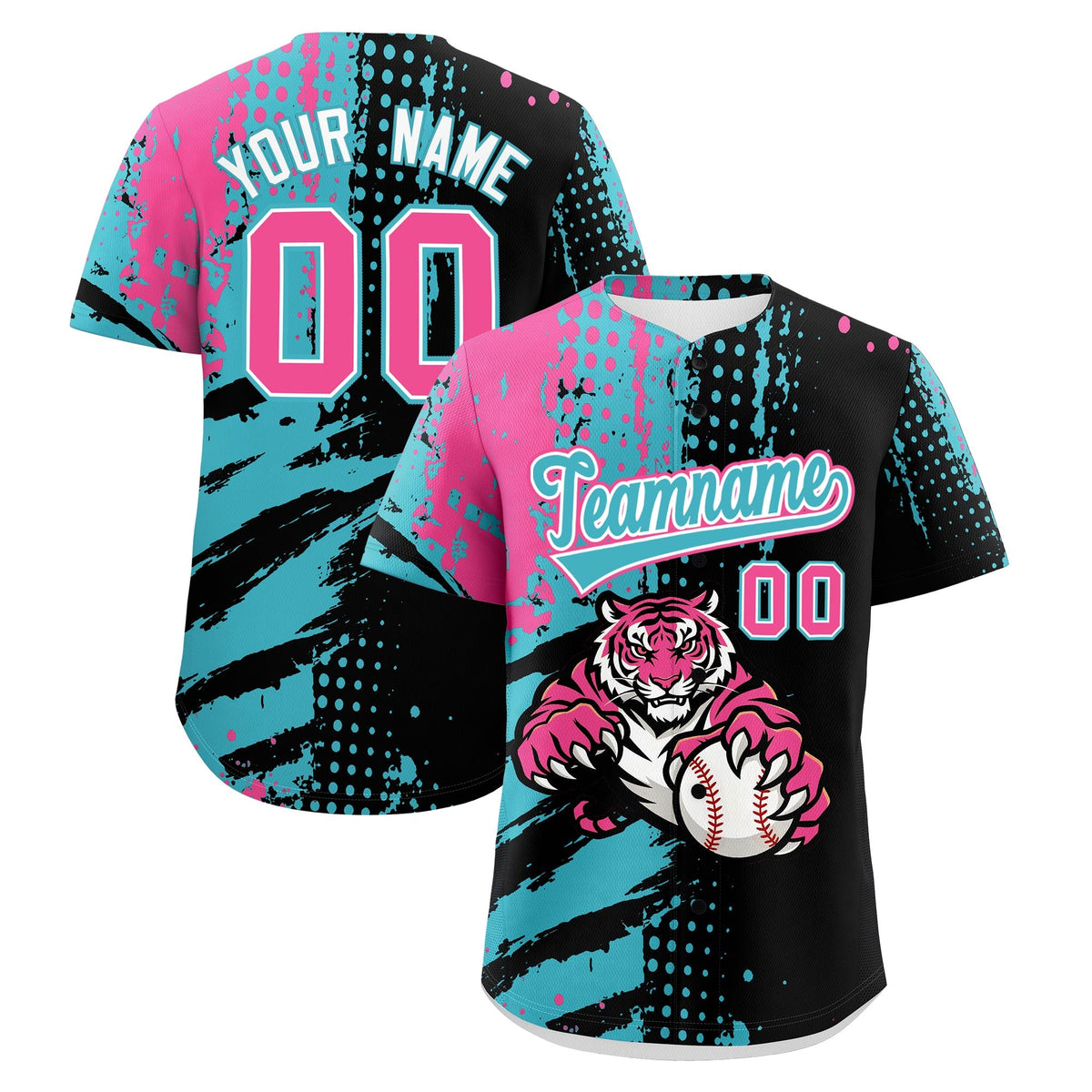 Custom Black Aqua Pink Baseball Jersey Full-Snap Graffiti Pattern Tiger Graffiti Jersey