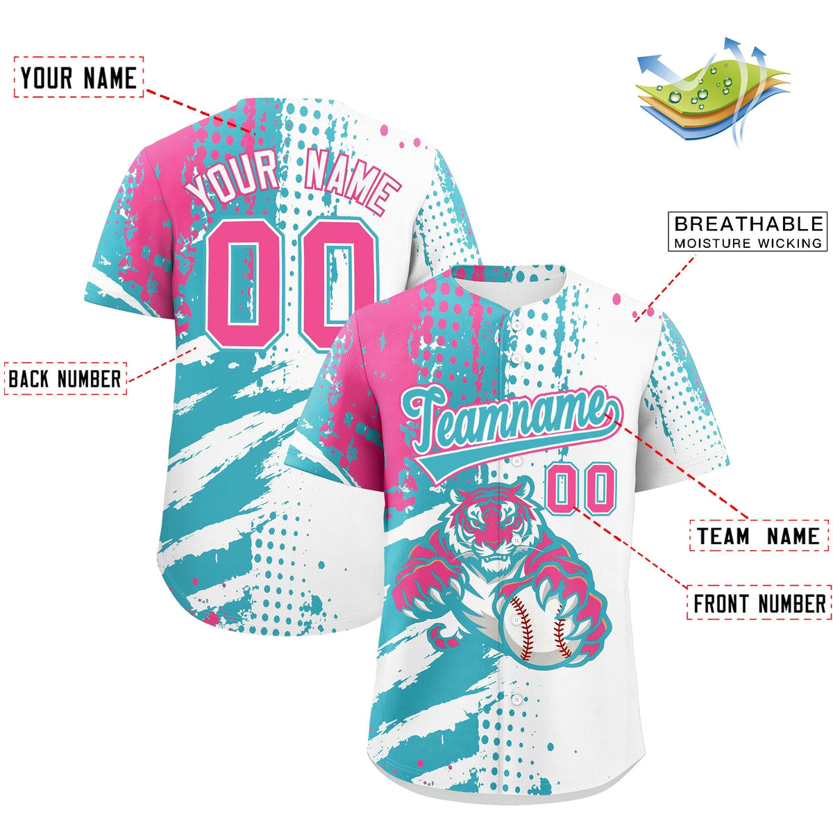 Custom White Aqua Pink Full-Snap Graffiti Pattern Tiger Graffiti Jersey Baseball Jersey| KXKSHOP