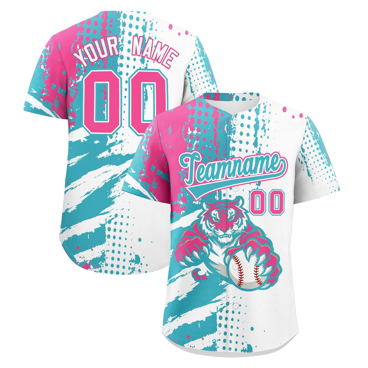 Custom White Aqua Pink Baseball Jersey Full-Snap Graffiti Pattern Tiger Graffiti Jersey