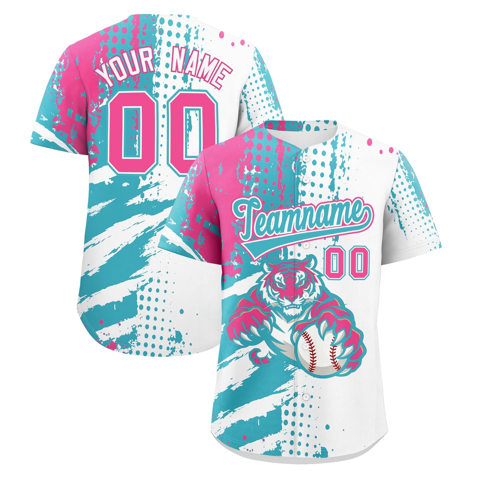 Custom White Aqua Pink Baseball Jersey Full-Snap Graffiti Pattern Tiger Graffiti Jersey