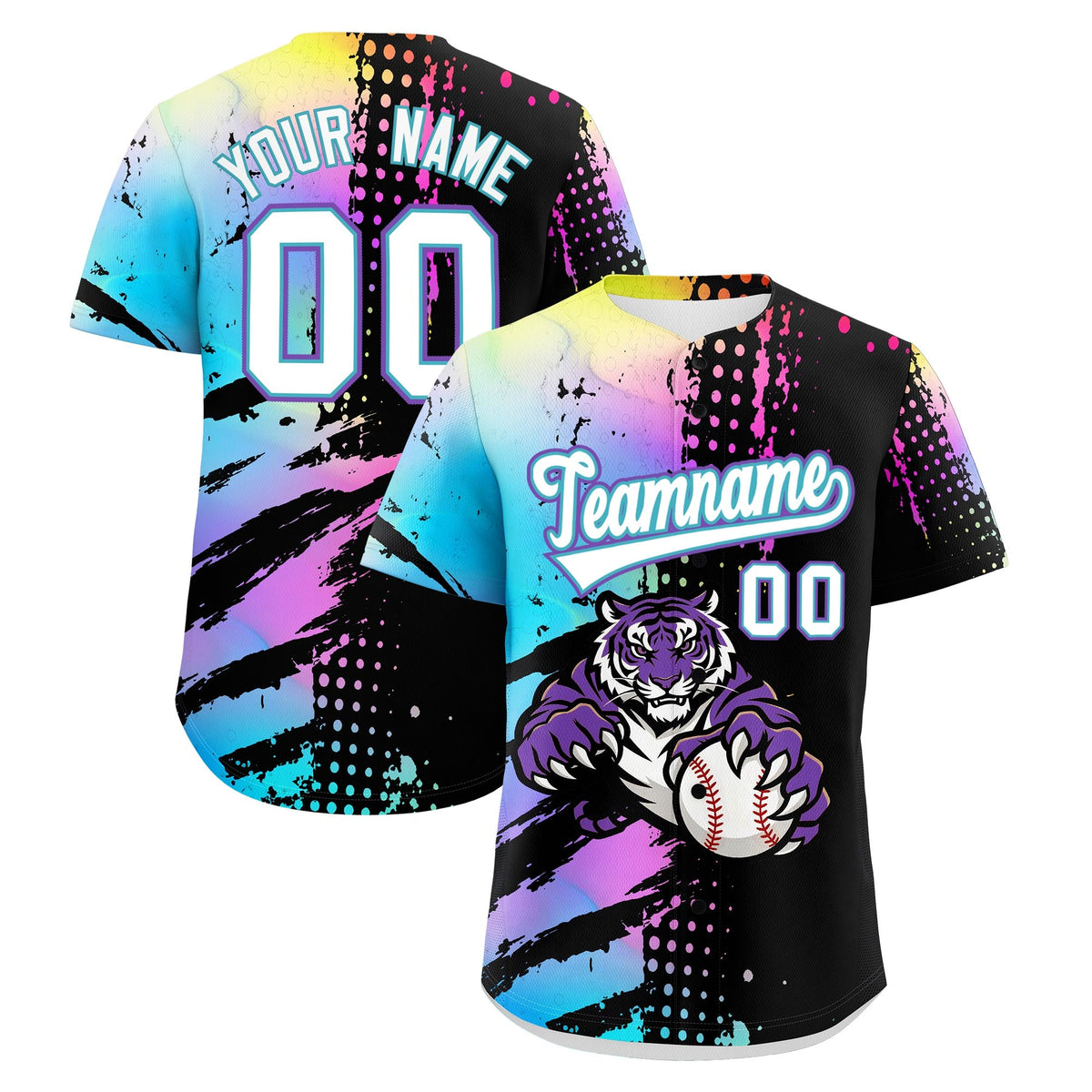 Custom Black White Sky Blue Baseball Jersey Full-Snap Graffiti Pattern Tiger Graffiti Jersey