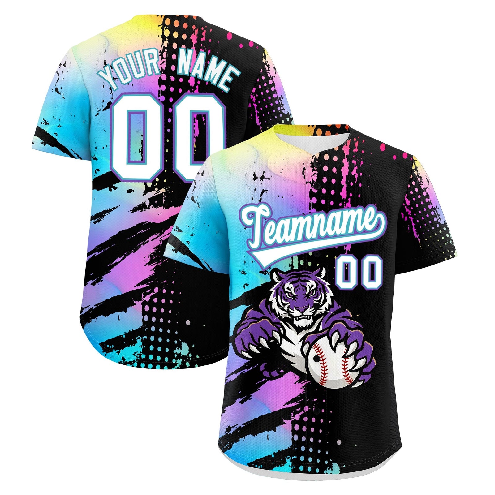 Custom Black White Sky Blue Baseball Jersey Full-Snap Graffiti Pattern Tiger Graffiti Jersey
