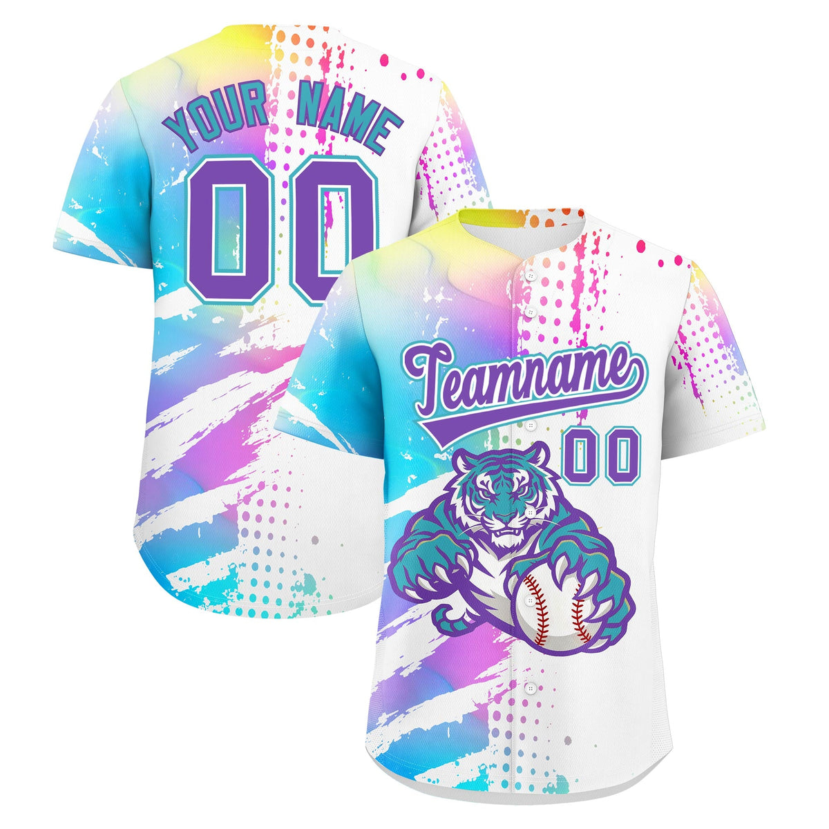 Custom White Sky Blue Baseball Jersey Full-Snap Graffiti Pattern Tiger Graffiti Jersey