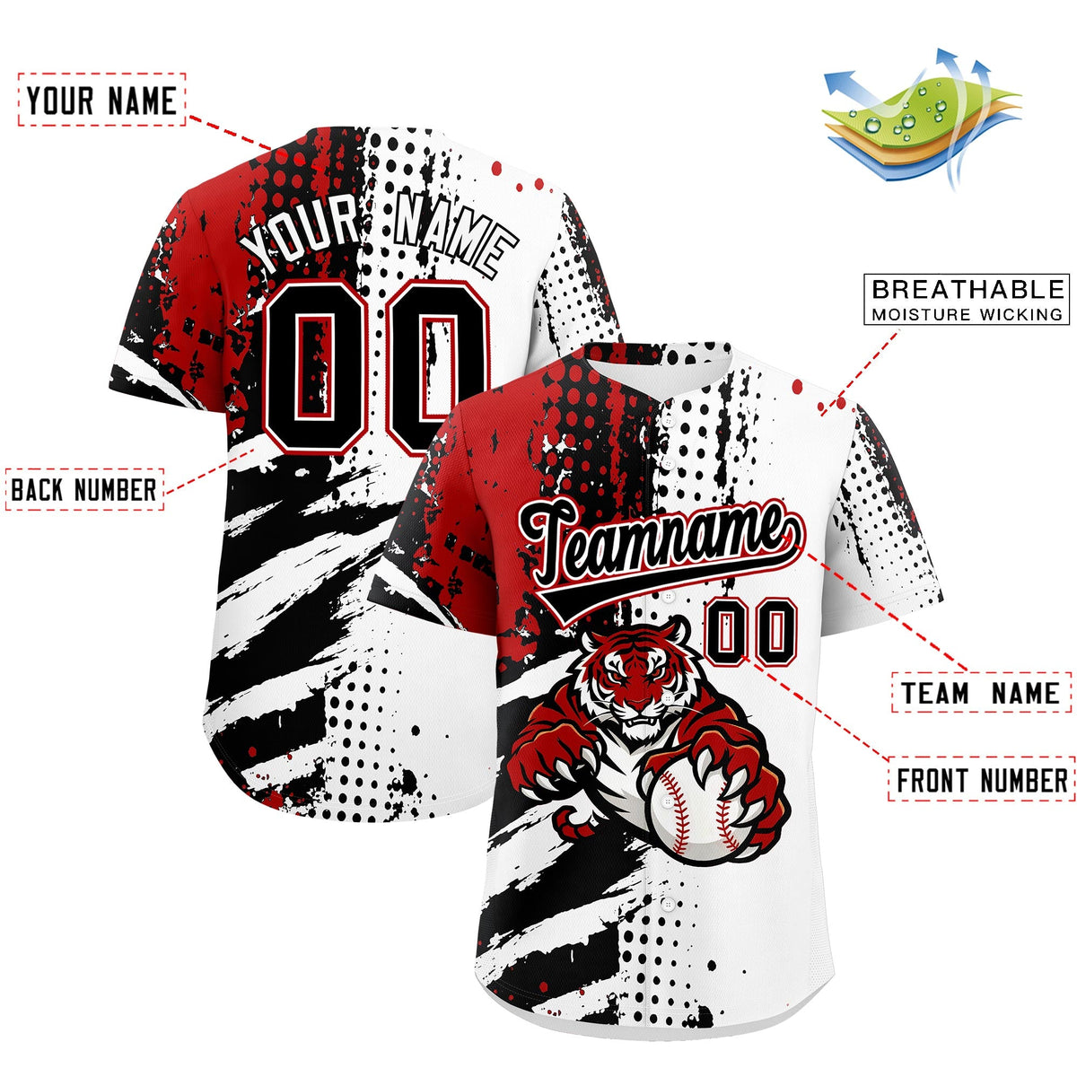 Custom White Black Red Full-Snap Graffiti Pattern Tiger Graffiti Jersey Baseball Jersey| KXKSHOP