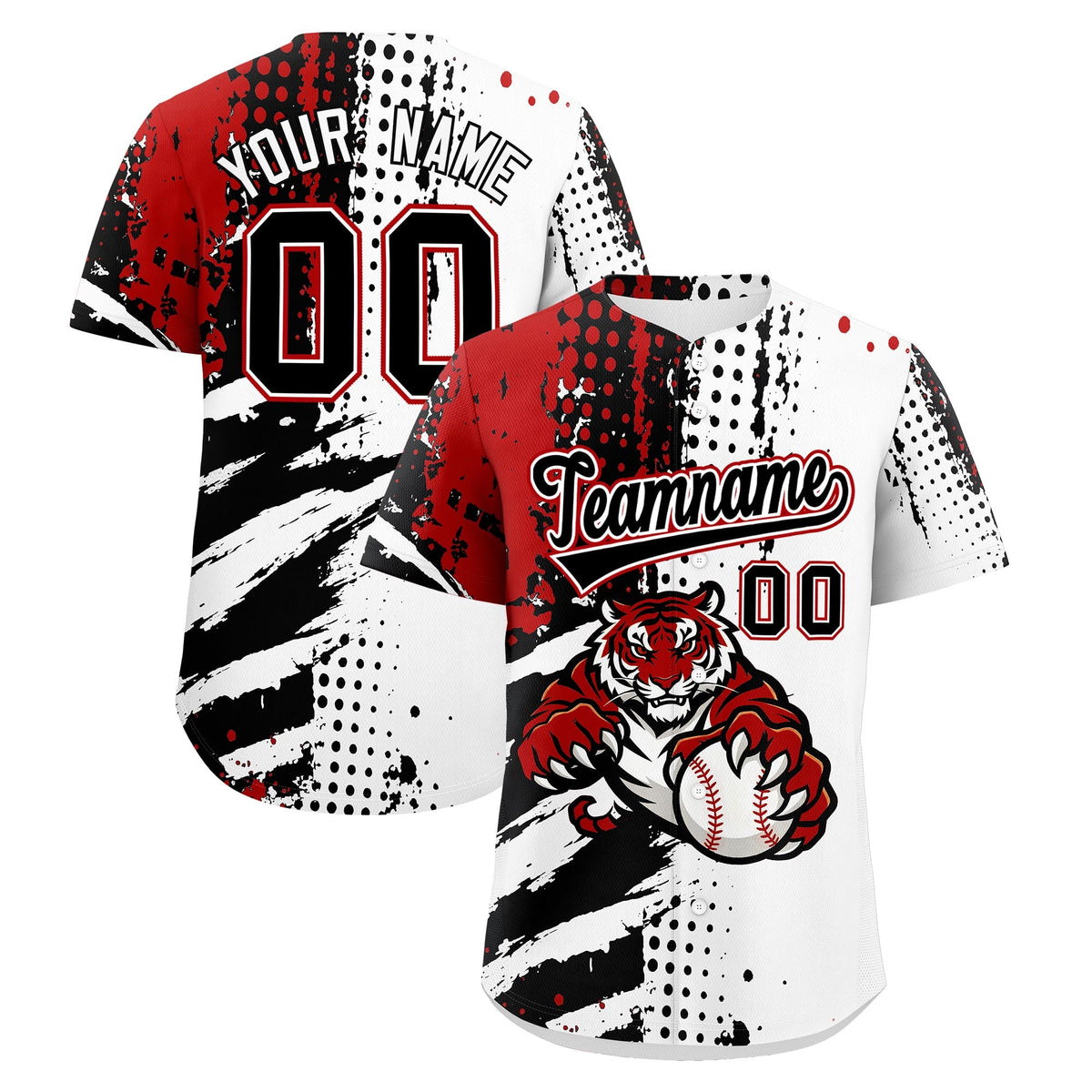 Custom White Black Red Baseball Jersey Full-Snap Graffiti Pattern Tiger Graffiti Jersey