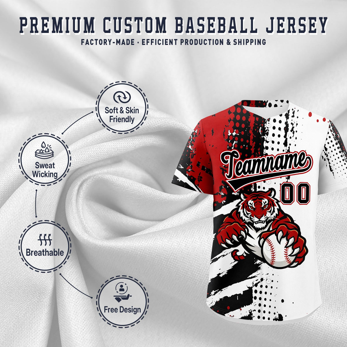 Custom Royal Blue White Red Full-Snap Graffiti Pattern Tiger Graffiti Jersey Baseball Jersey| KXKSHOP