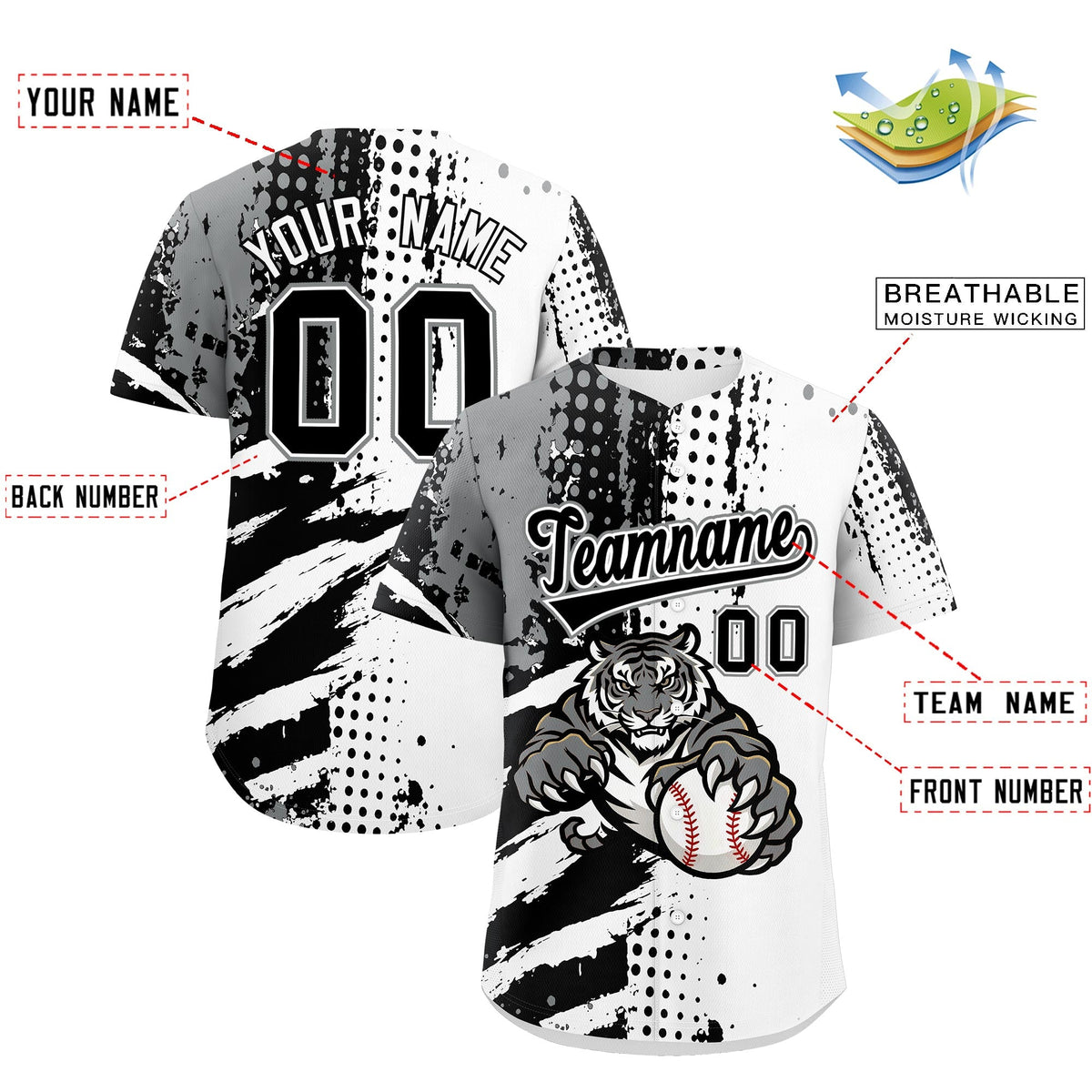 Custom White Black Gray Full-Snap Graffiti Pattern Tiger Graffiti Jersey Baseball Jersey| KXKSHOP