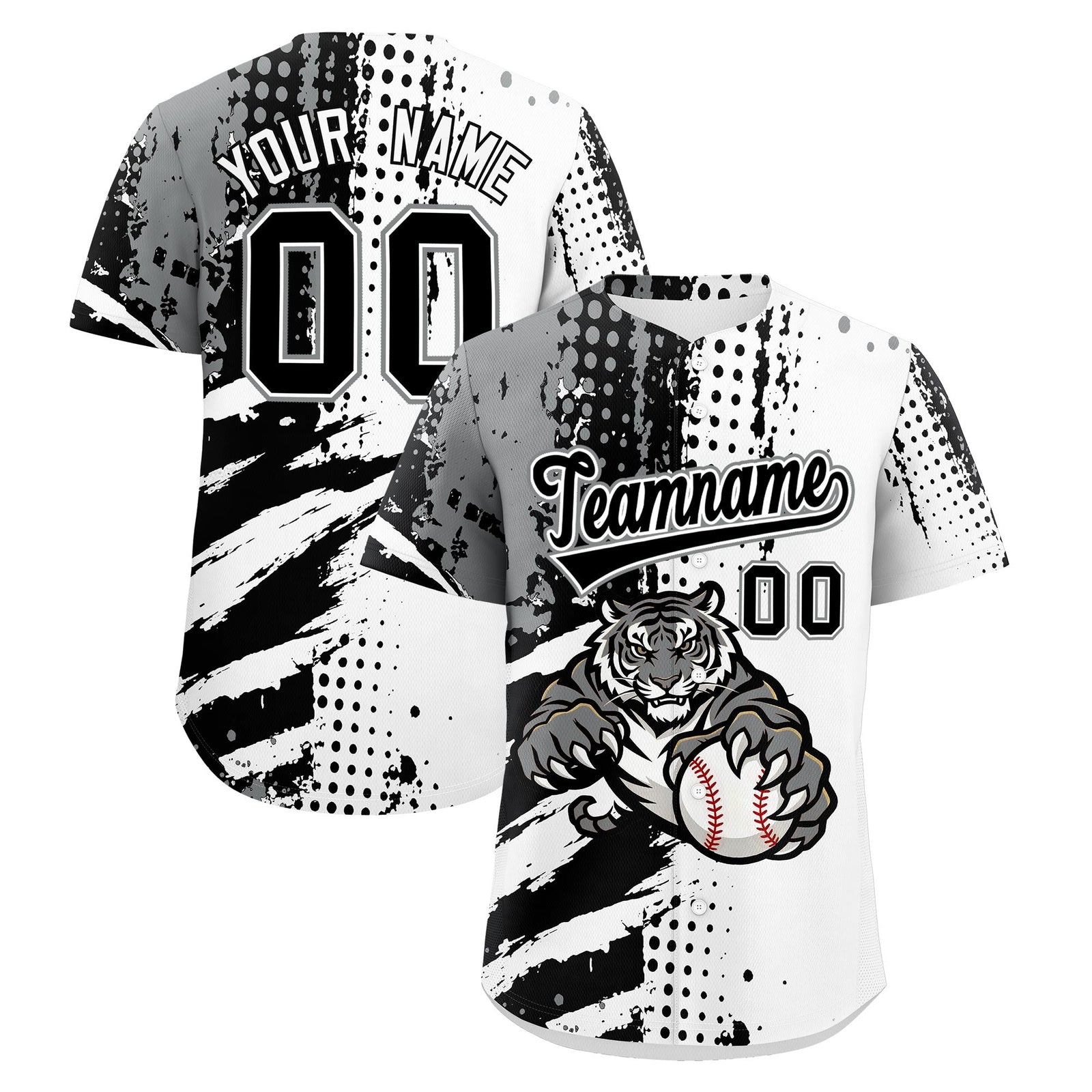 Custom White Black Gray Baseball Jersey Full-Snap Graffiti Pattern Tiger Graffiti Jersey