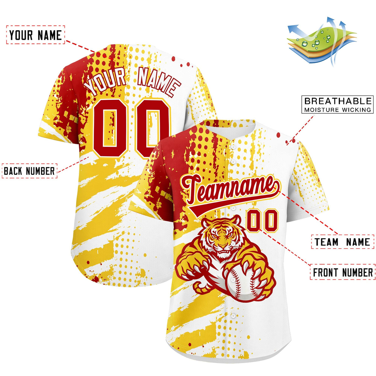 Custom White Gold Red Full-Snap Graffiti Pattern Tiger Graffiti Jersey Baseball Jersey| KXKSHOP