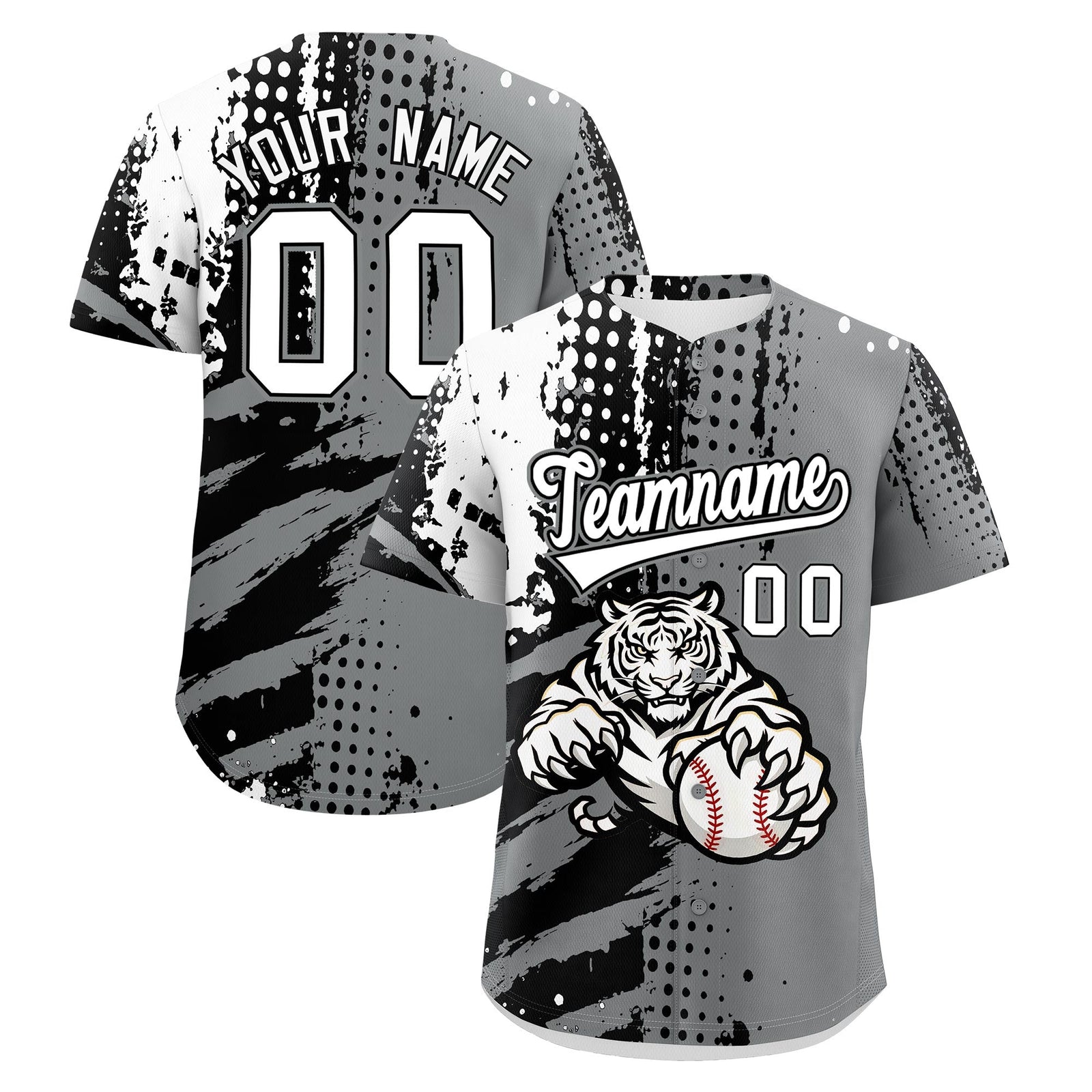 Custom Gray Black White Baseball Jersey Full-Snap Graffiti Pattern Tiger Graffiti Jersey