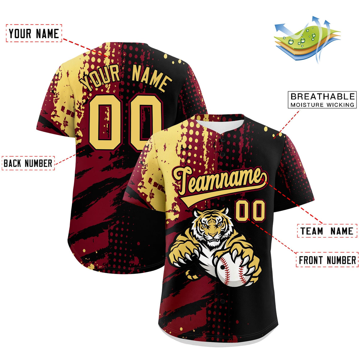 Custom Black Crimson Khaki Full-Snap Graffiti Pattern Tiger Graffiti Jersey Baseball Jersey| KXKSHOP