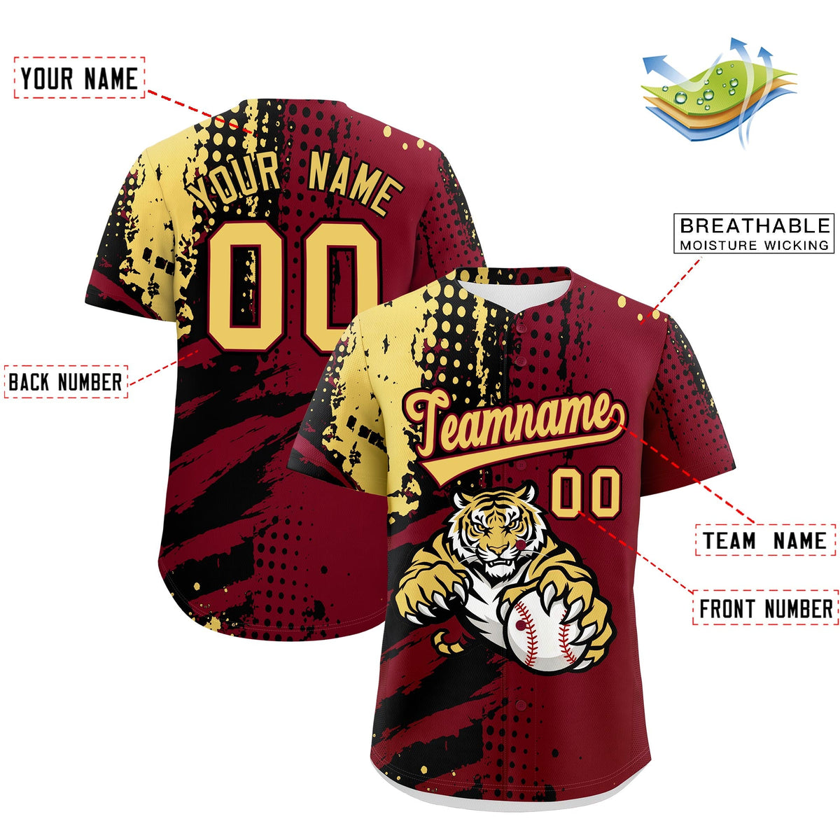 Custom Crimson Black Khaki Full-Snap Graffiti Pattern Tiger Graffiti Jersey Baseball Jersey| KXKSHOP