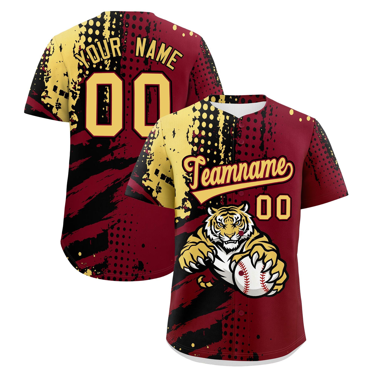Custom Crimson Black Khaki Baseball Jersey Full-Snap Graffiti Pattern Tiger Graffiti Jersey