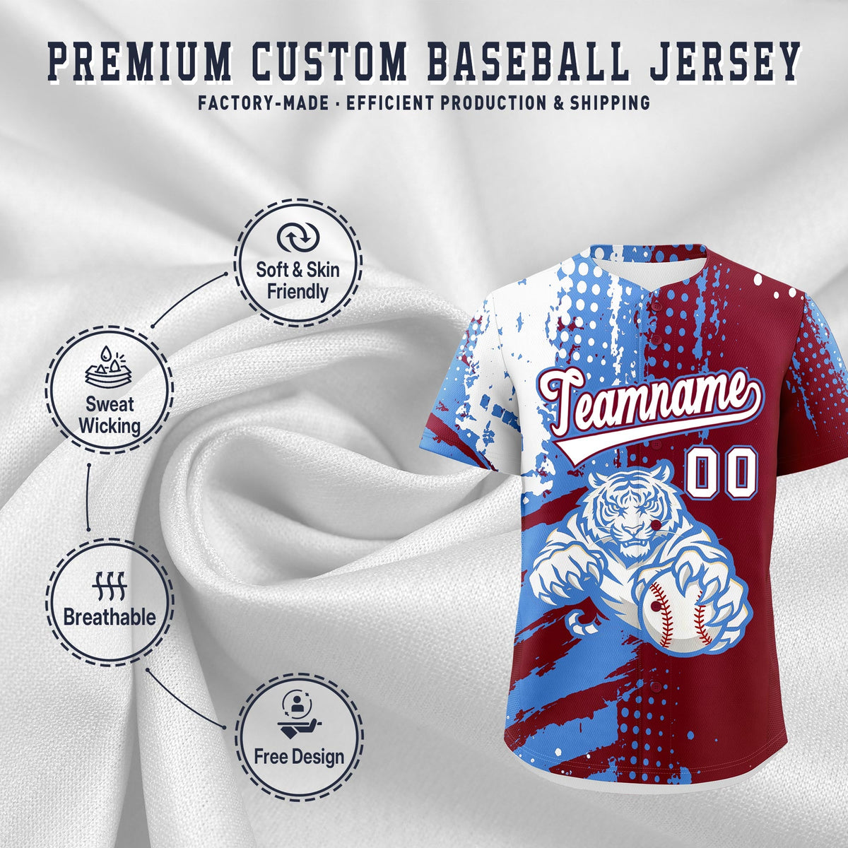 Custom Royal Blue White Red Full-Snap Graffiti Pattern Tiger Graffiti Jersey Baseball Jersey| KXKSHOP