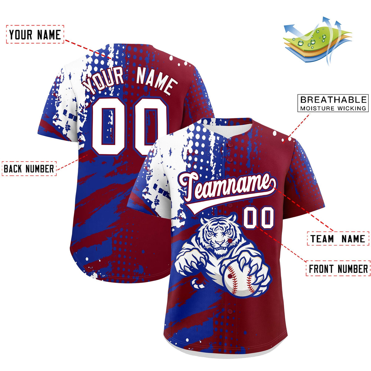 Custom Crimson Royal Blue White Full-Snap Graffiti Pattern Tiger Graffiti Jersey Baseball Jersey| KXKSHOP