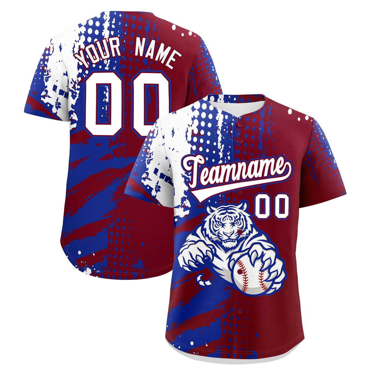 Custom Crimson Royal Blue White Baseball Jersey Full-Snap Graffiti Pattern Tiger Graffiti Jersey